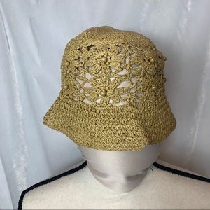 Boho Straw bucket hat crochet flowers beaded